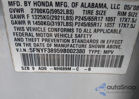 2009 Honda Pilot Touring from USA, damaged, VIN 5FNYF38959B002380